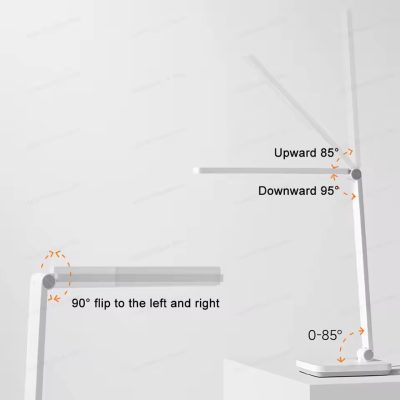 نمودار زاویه‌های حرکتی چراغ مطالعه شیائومی Mijia Desk Lamp 2 Lite شامل چرخش ۹۰ درجه به چپ و راست، تنظیم بازوی میانی تا ۸۵ درجه رو به بالا و ۹۵ درجه رو به پایین، و قابلیت خم‌شدن پایه تا ۸۵ درجه، مناسب تنظیم نور برای مطالعه، کار و استفاده دقیق در محیط‌های خانگی و اداری
